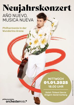 Plakatmotiv zum Neujahrskonzert: Der Solist Thibaut Garcia steht lässig mit Gitarre in der Hand vor hellem Hintergrund