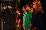 Fünf Kinder stehen in einer Reihe nebeneinander. Sie tragen alle unterschiedliche Kleidungsstücke und blicken in die gleiche Richtung. Hinter ihnen sieht man einen Glaskasten, auf dessen Vorderseite "Normal" steht.