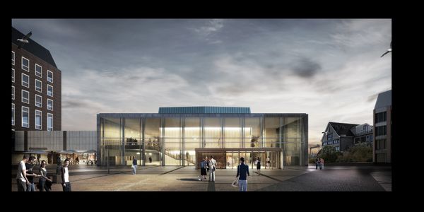 Visualisierung vom Konzerthaus am Schloss mit Vorplatz in der Dämmerung