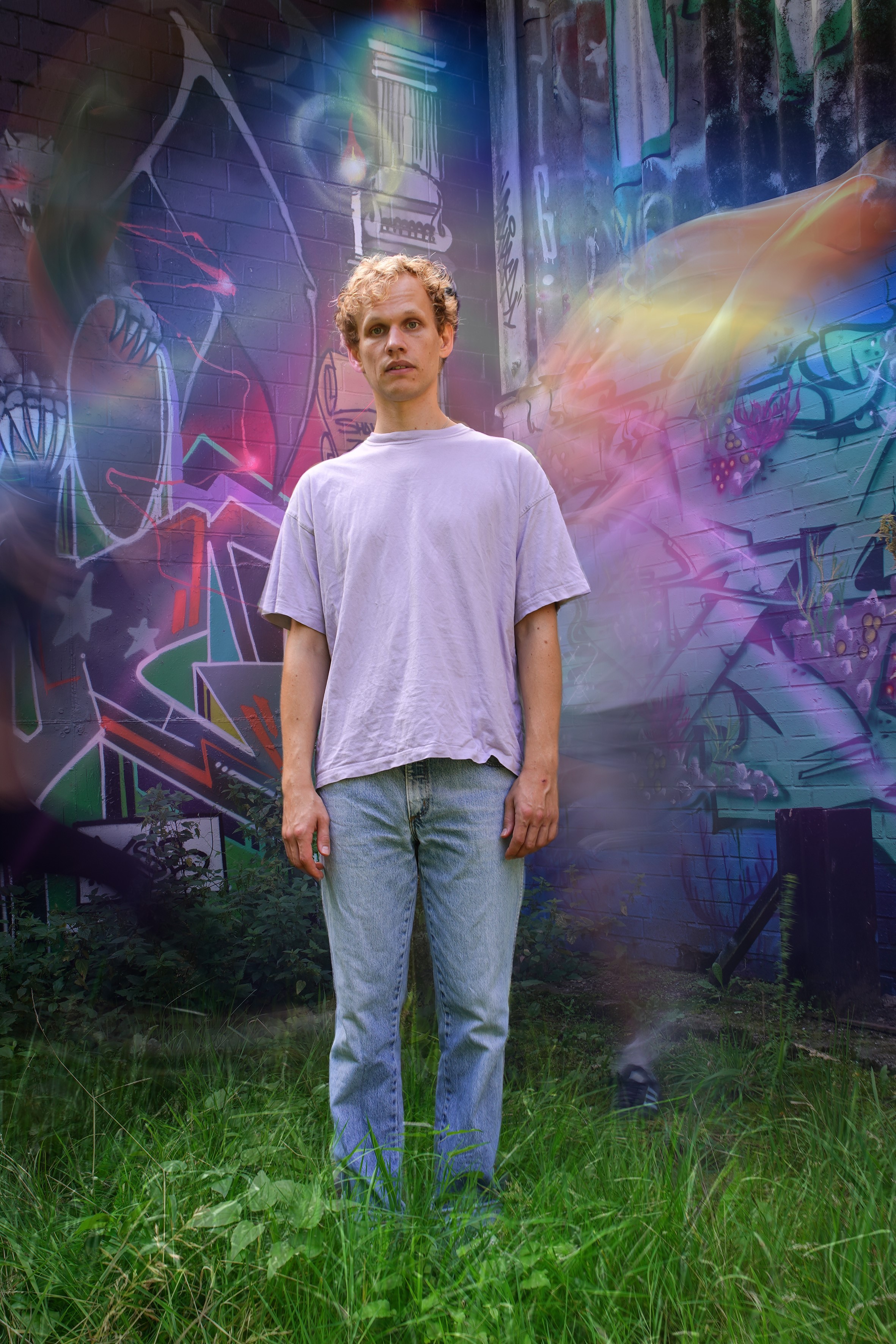 Ein junger Mann sthet vor einer Grafittiwand.